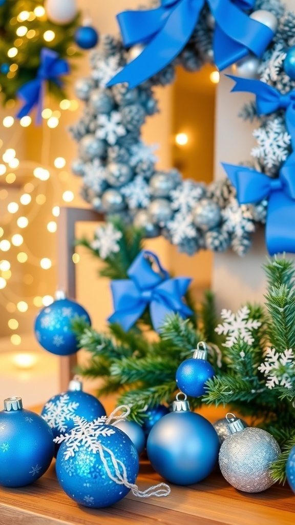 A collection of DIY blue Christmas decorations including ornaments, wreath, and garland.